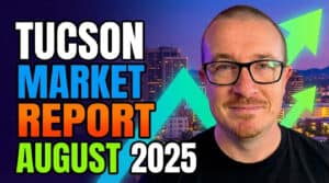 "August 2025 Tucson Housing Market Report thumbnail featuring Blaine Bond, showing a median home price of $356,000 and 32 median days on market."