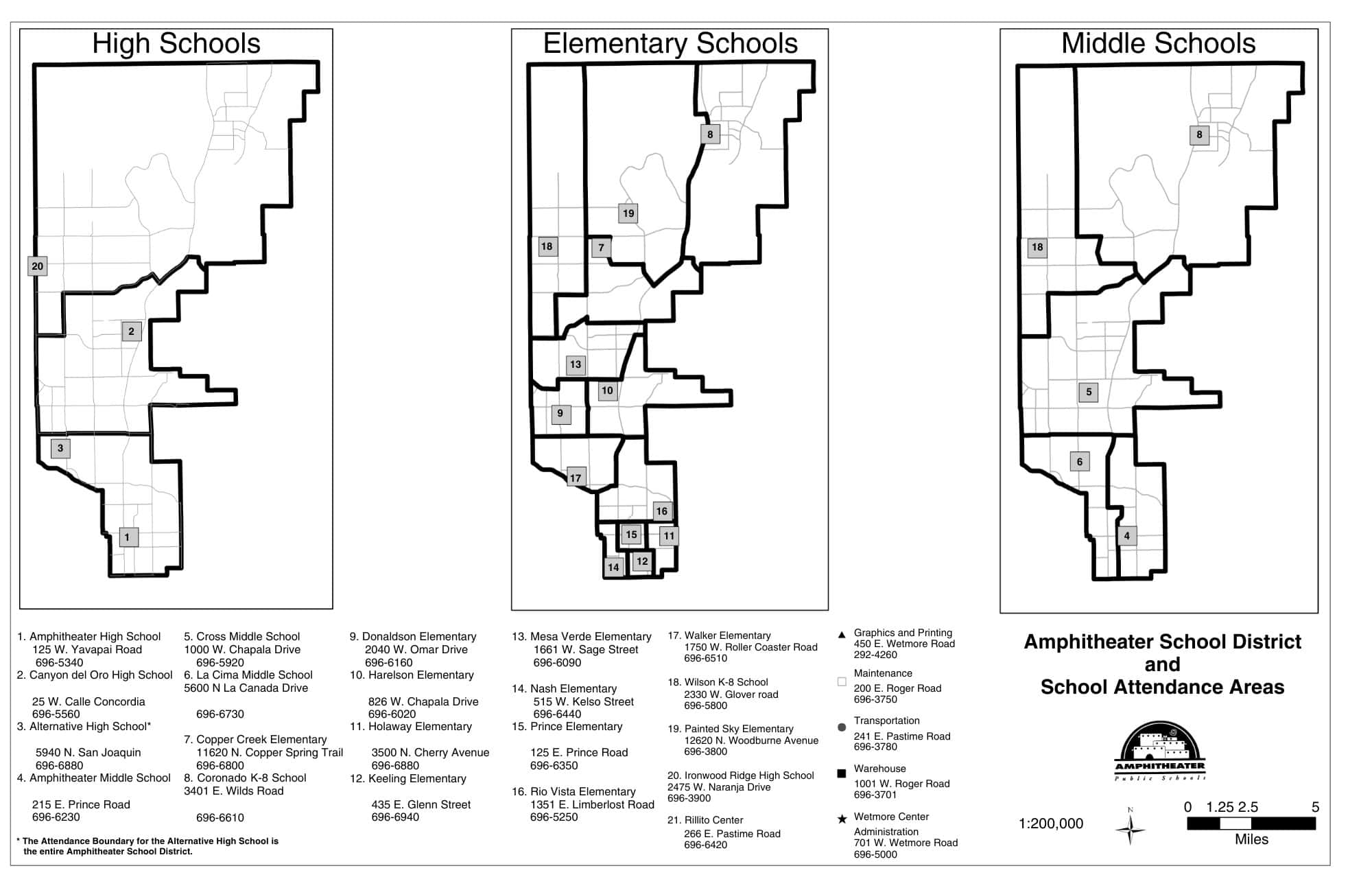 Detailed 2026 grade-level boundary map for Amphitheater Public Schools, showing consolidated elementary, middle, and high school attendance zones across Tucson and Oro Valley.