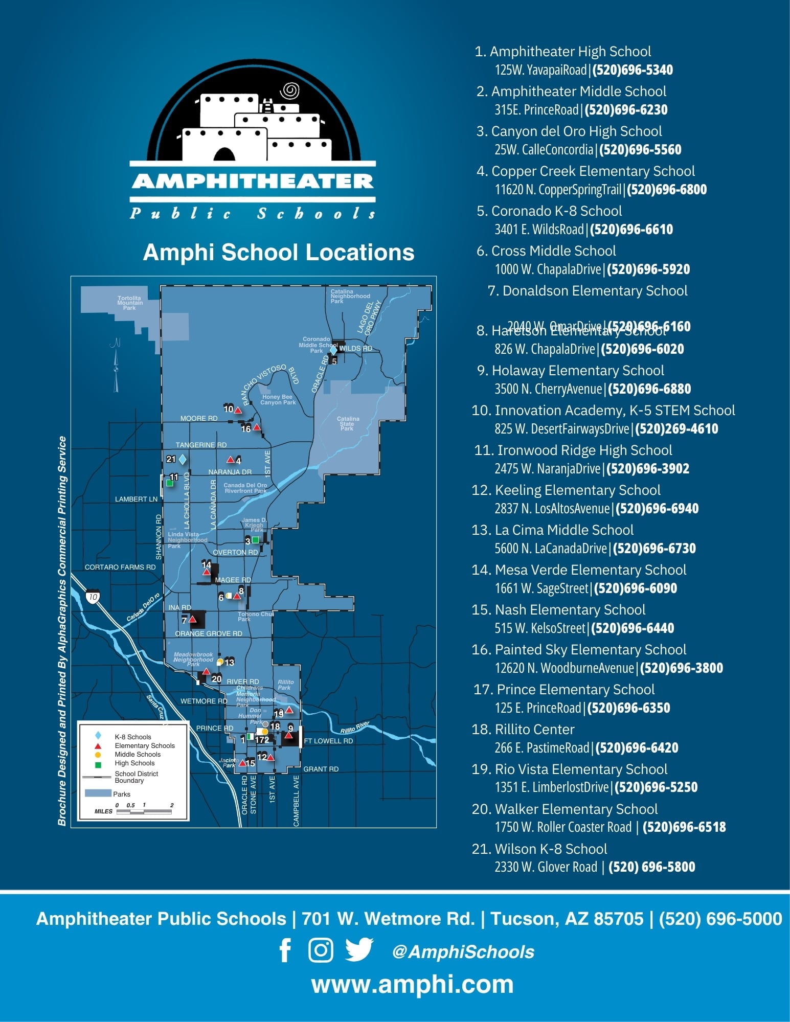 Map of Amphitheater School District boundaries for 2026, showing school zones for Oro Valley, Casas Adobes, and North Tucson.