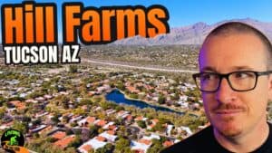 Aerial thumbnail of Tucson’s Hill Farm neighborhood with the central lake and Santa Catalina Mountains in the background, featuring bold “Hill Farms Tucson AZ” text and a portrait of Blaine Bond on the right.