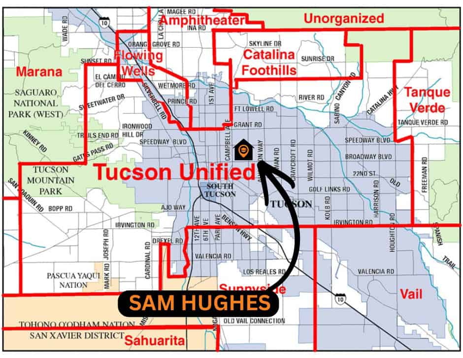 Map of the Sam Hughes neighborhood in Tucson, AZ, showing the official Tucson Unified School District (TUSD) boundaries and neighborhood proximity to local schools - Real Estate School Data by Blaine Bond.