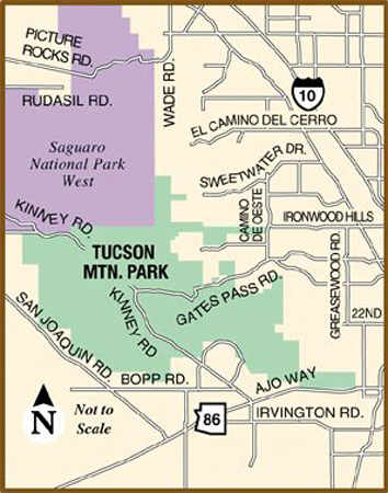 Map of Tucson Mountain Park showing hiking trails and access points near the Starr Ridge neighborhood and Sarasota Trailhead.