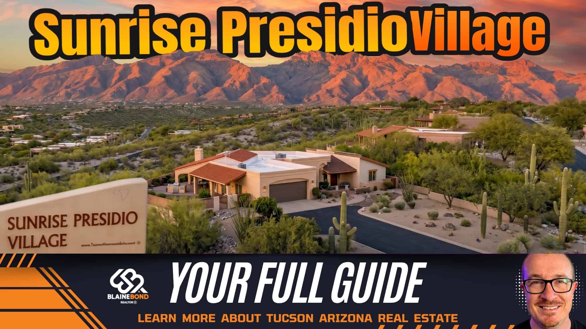 A panoramic aerial view of Sunrise Presidio Village in Tucson, Arizona, featuring a luxury desert home, lush Sonoran landscaping, and the glowing Santa Catalina Mountains at sunset.